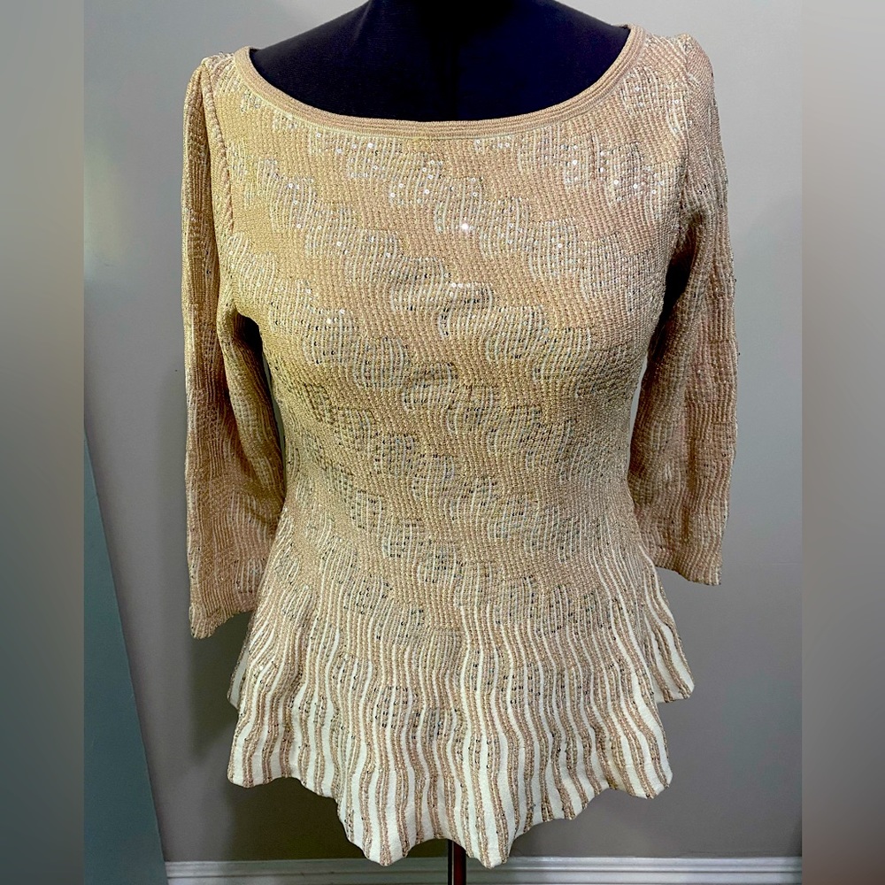 ST JOHN SZ XL SEQUIN TRELLIS KNIT 3/4 SLEEVE PEPLUM SWEATER CREAM METALLIC GOLD